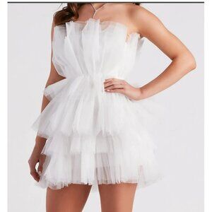 Evolutionary Apparel White Tiered Tulle Strapless Mini Dress Sz XL